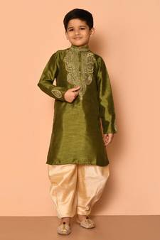 Green embroidered art silk boys-dhoti-kurta