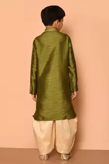 Green embroidered art silk boys-dhoti-kurta