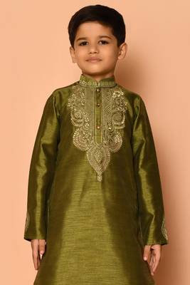 Green embroidered art silk boys-dhoti-kurta 3