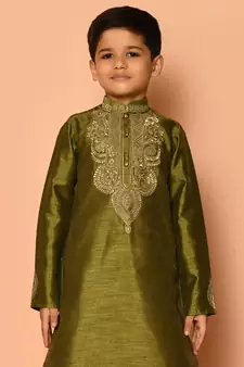 Green embroidered art silk boys-dhoti-kurta