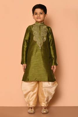 Green embroidered art silk boys-dhoti-kurta 4