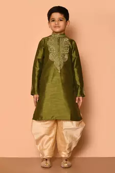 Green embroidered art silk boys-dhoti-kurta