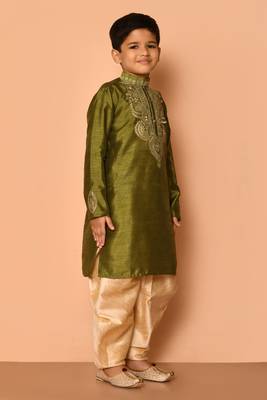 Green embroidered art silk boys-dhoti-kurta 5