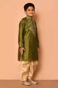 Green embroidered art silk boys-dhoti-kurta