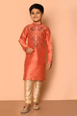 Orange embroidered art silk boys-kurta-pyjama 1