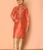 Orange embroidered art silk boys-kurta-pyjama