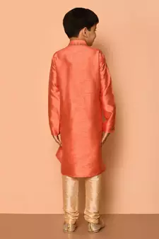 Orange embroidered art silk boys-kurta-pyjama