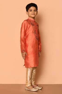 Orange embroidered art silk boys-kurta-pyjama 3