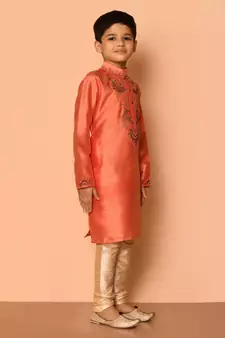 Orange embroidered art silk boys-kurta-pyjama