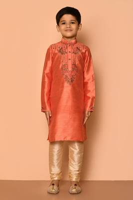 Orange embroidered art silk boys-kurta-pyjama 4