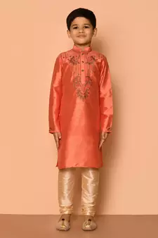 Orange embroidered art silk boys-kurta-pyjama