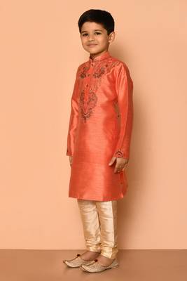 Orange embroidered art silk boys-kurta-pyjama 5