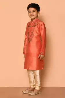 Orange embroidered art silk boys-kurta-pyjama