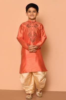 Orange embroidered art silk boys-dhoti-kurta 1