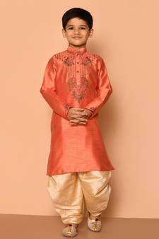 Orange embroidered art silk boys-dhoti-kurta