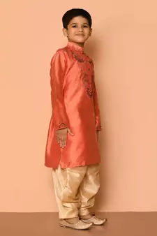 Orange embroidered art silk boys-dhoti-kurta