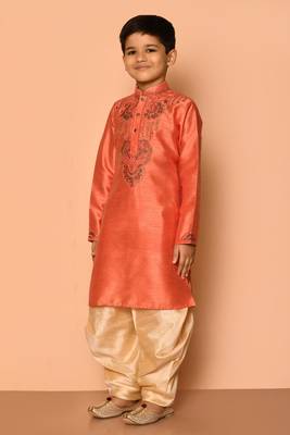 Orange embroidered art silk boys-dhoti-kurta 4