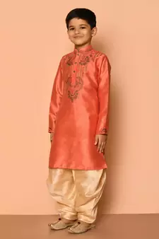 Orange embroidered art silk boys-dhoti-kurta
