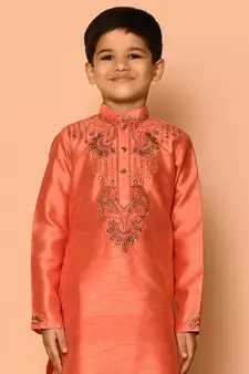 Orange embroidered art silk boys-dhoti-kurta