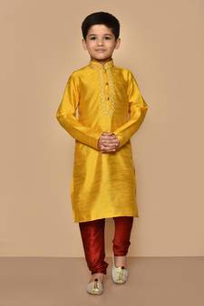 Yellow embroidered art silk boys-kurta-pyjama