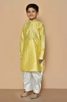 Yellow printed art silk boys-dhoti-kurta