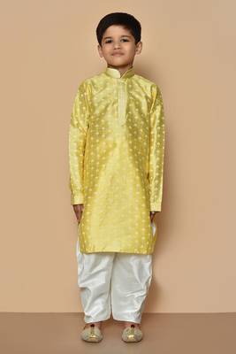 Yellow printed art silk boys-dhoti-kurta 3