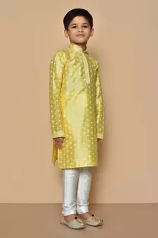 Yellow printed art silk boys-kurta-pyjama