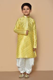 Yellow printed art silk boys-kurta-pyjama