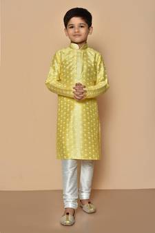 Yellow printed art silk boys-kurta-pyjama