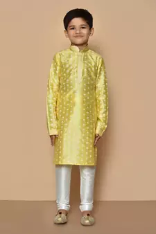 Yellow printed art silk boys-kurta-pyjama