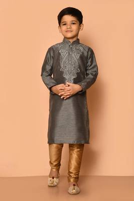 Grey embroidered art silk boys-kurta-pyjama 1