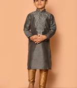 Grey embroidered art silk boys-kurta-pyjama