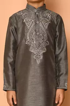 Grey embroidered art silk boys-kurta-pyjama