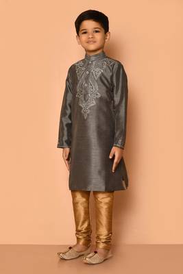 Grey embroidered art silk boys-kurta-pyjama 3