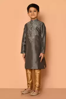 Grey embroidered art silk boys-kurta-pyjama