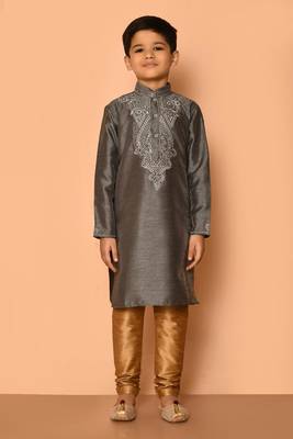 Grey embroidered art silk boys-kurta-pyjama 4