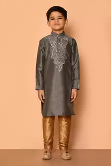 Grey embroidered art silk boys-kurta-pyjama