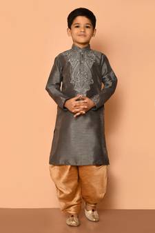 Grey embroidered art silk boys-dhoti-kurta