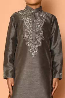 Grey embroidered art silk boys-dhoti-kurta