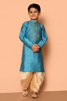 Blue embroidered art silk boys-dhoti-kurta