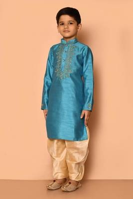 Blue embroidered art silk boys-dhoti-kurta 3