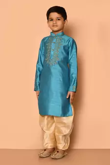 Blue embroidered art silk boys-dhoti-kurta