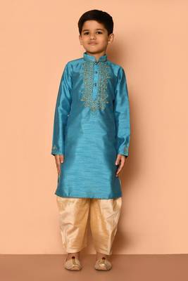 Blue embroidered art silk boys-dhoti-kurta 4