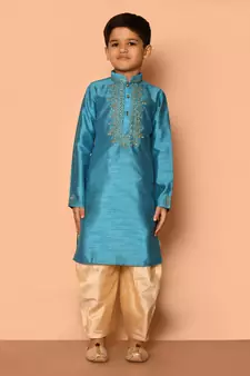 Blue embroidered art silk boys-dhoti-kurta
