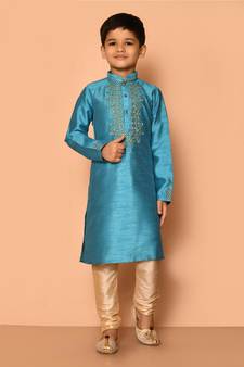 Blue embroidered art silk boys-kurta-pyjama