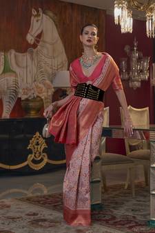 Light Pink Woven Silk Blend Saree With Blouse