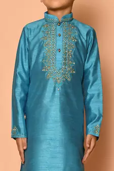 Blue embroidered art silk boys-kurta-pyjama
