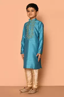 Blue embroidered art silk boys-kurta-pyjama