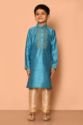 Blue embroidered art silk boys-kurta-pyjama 4