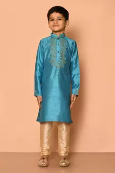 Blue embroidered art silk boys-kurta-pyjama